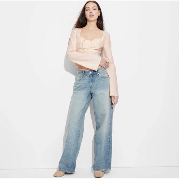 Wild Fable Blouse Womens XS Light Pink Long Sleeve Square Neck Crop Top New - Picture 2 of 7